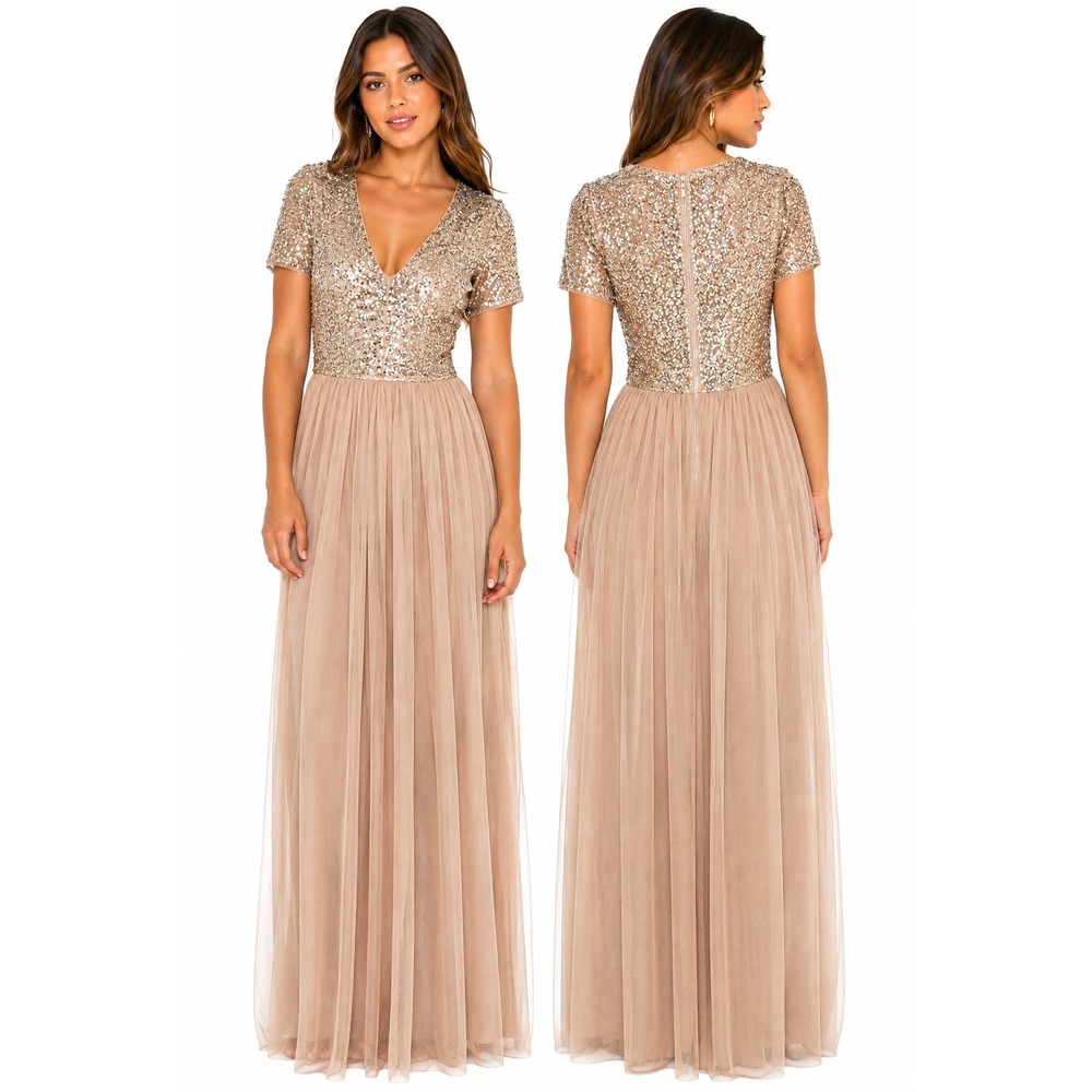 Maya Deluxe Champagne Sequin Tulle Maxi Gown Formal Bridesmaid Evening Dress 2